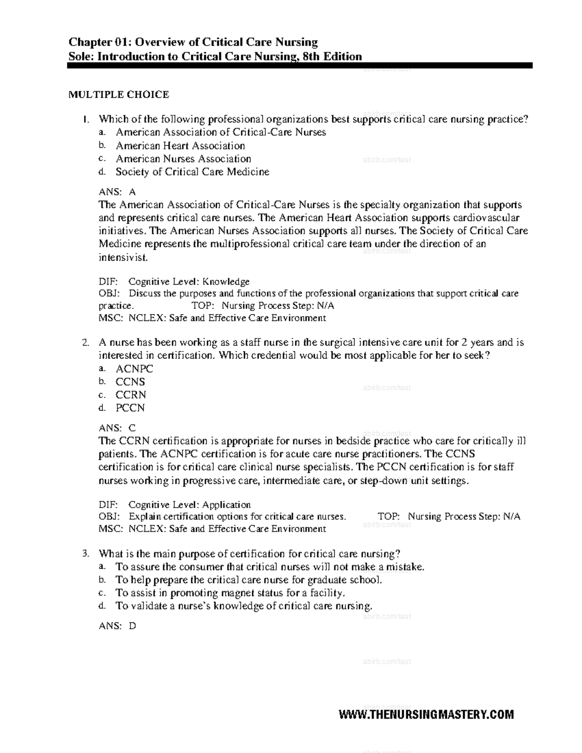 Chapter 1 Nursing Test Bank Chapter 01 Overview of Critical Care