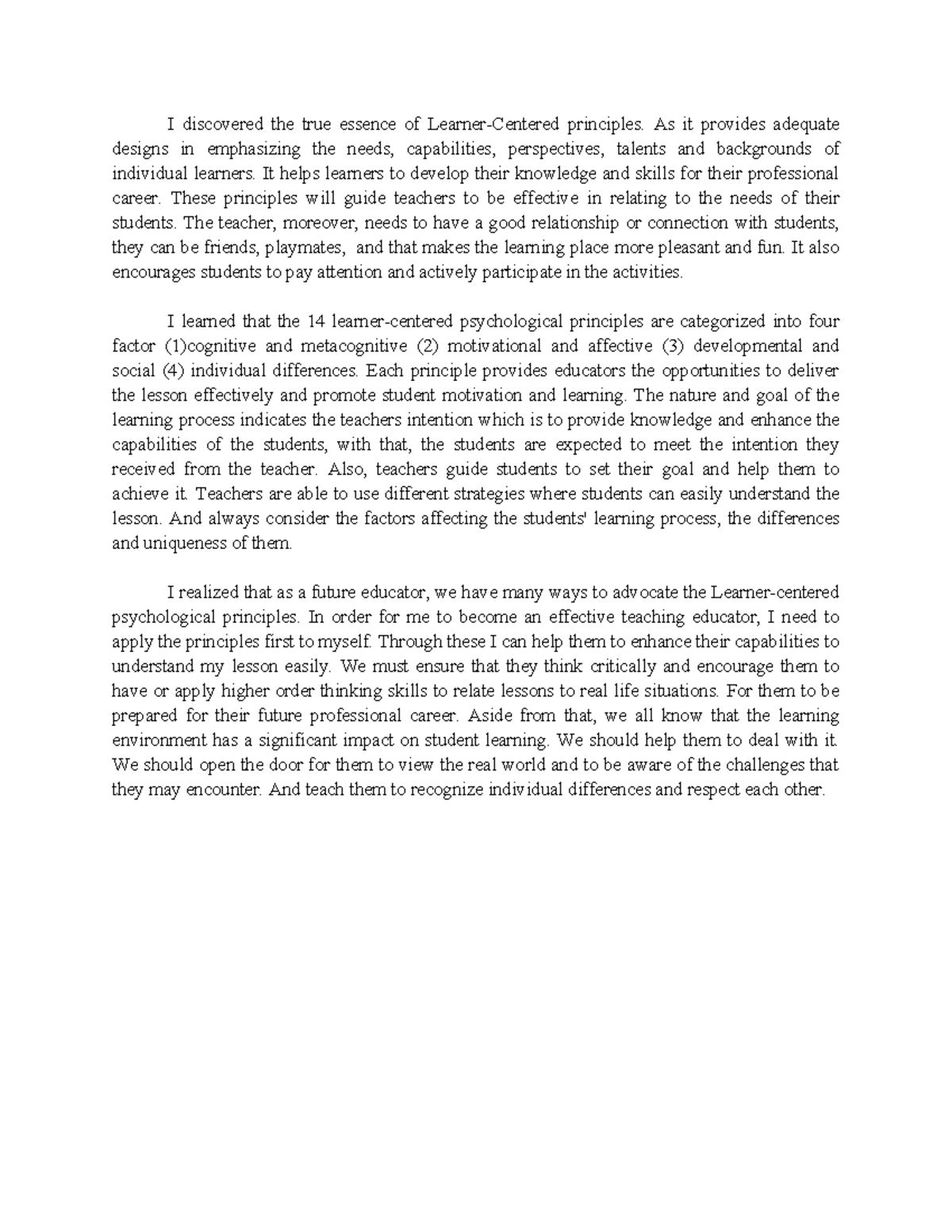 learner centered teaching philosophy reflection essay