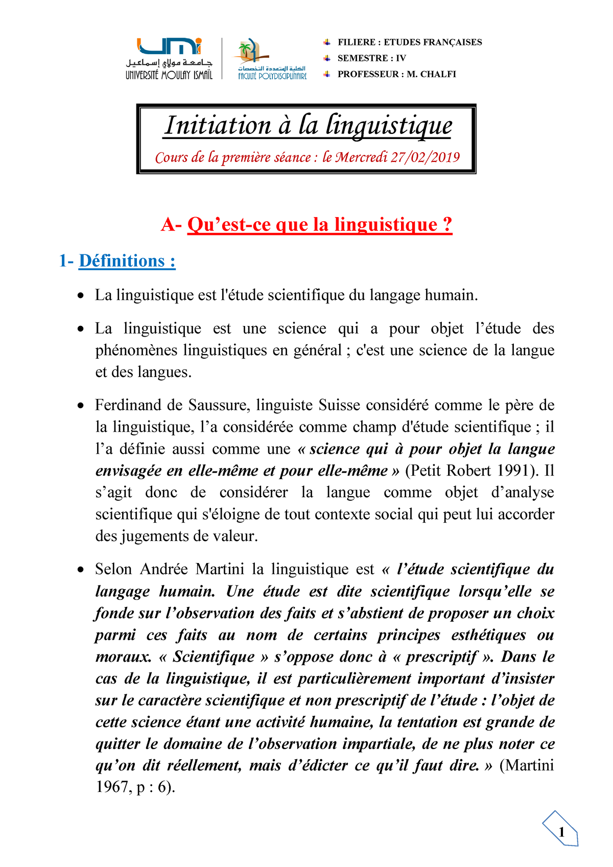 Initiation à La Linguistique(S4) - Chalfi - Séance 1 - FPE - SEMESTRE ...