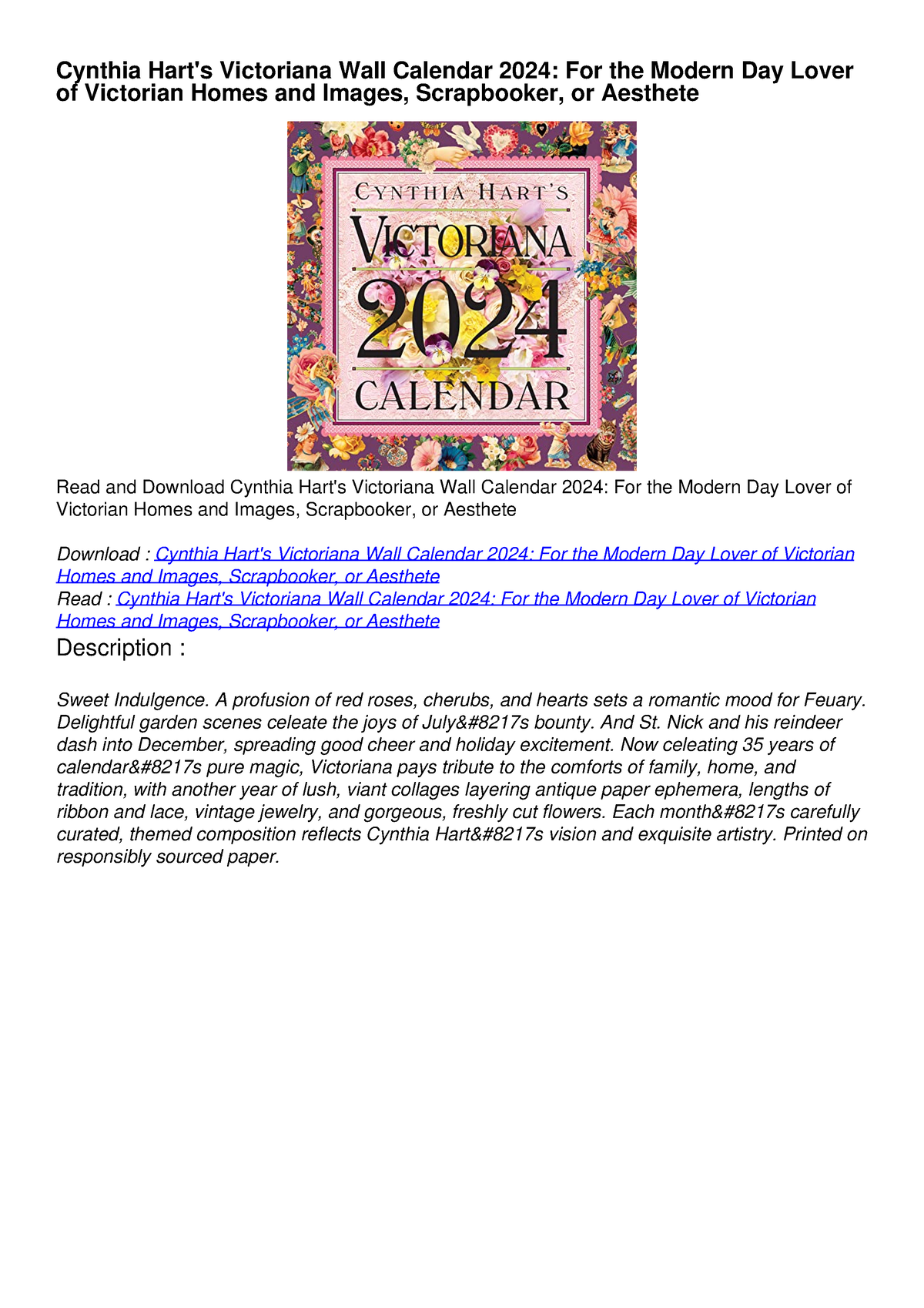 [PDF] DOWNLOAD Cynthia Hart's Victoriana Wall Calendar 2024: For the