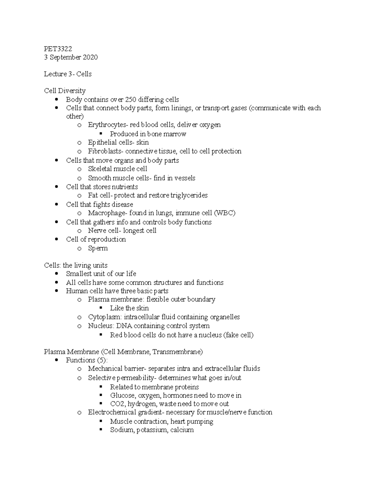 Cells - Lecture notes 3 - PET 3 September 2020 Lecture 3- Cells Cell ...