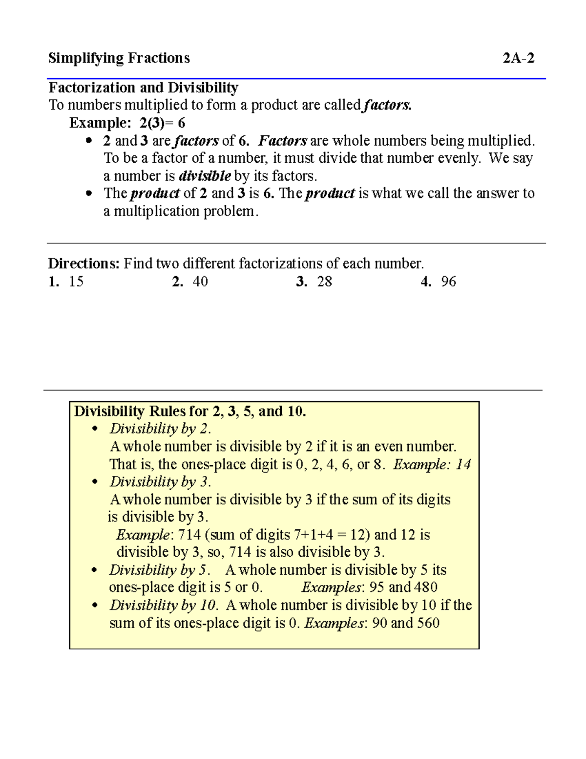 29) 2A-2 Simplifying Fractions - Simplifying Fractions 2A ...