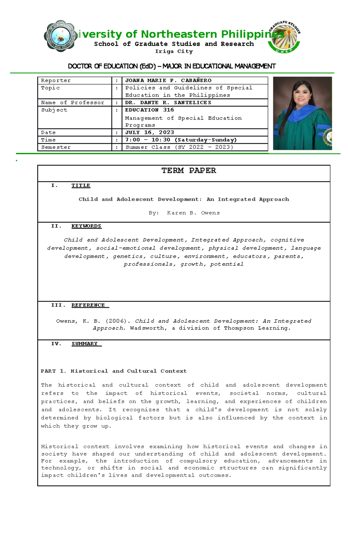 ED 316 TERM Paper Cabanero, Joana Marie - University of Northeastern ...