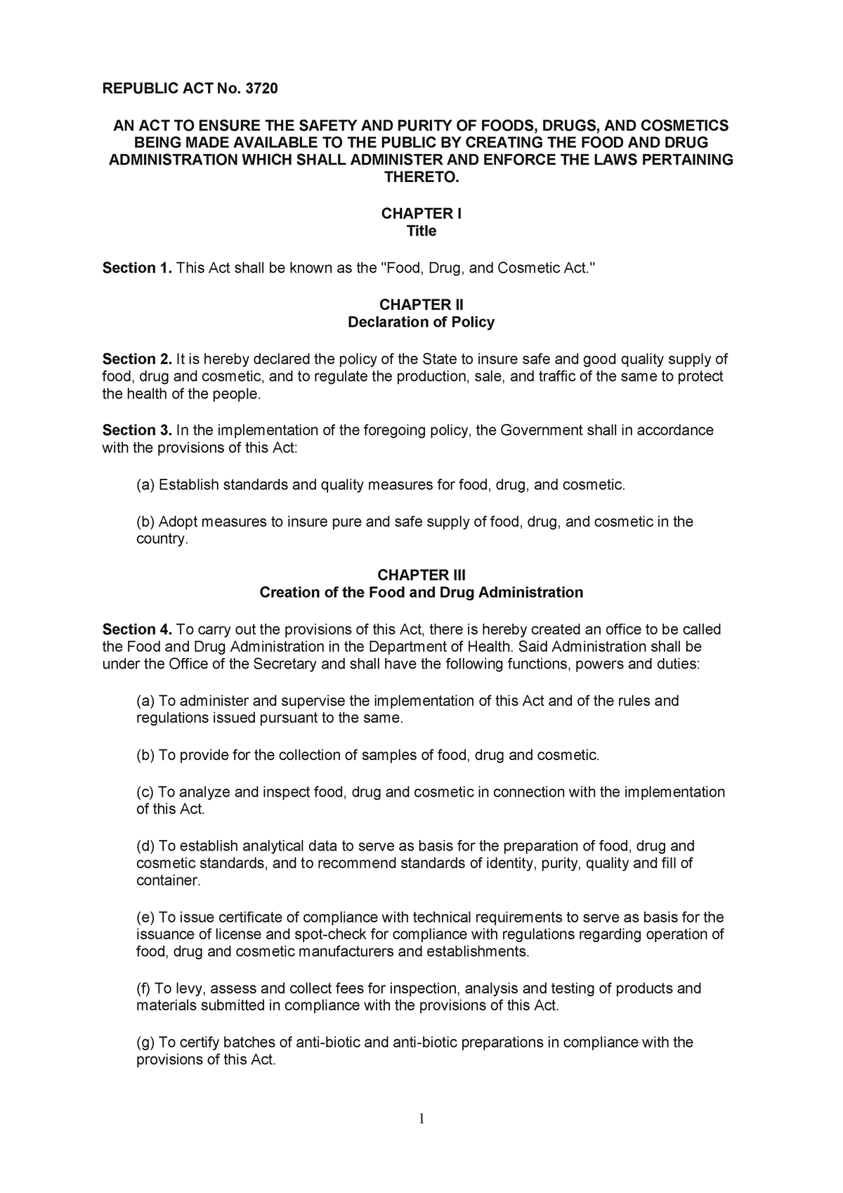 RA 3720 - RA3720 - REPUBLIC ACT No. 3720 AN ACT TO ENSURE THE SAFETY ...