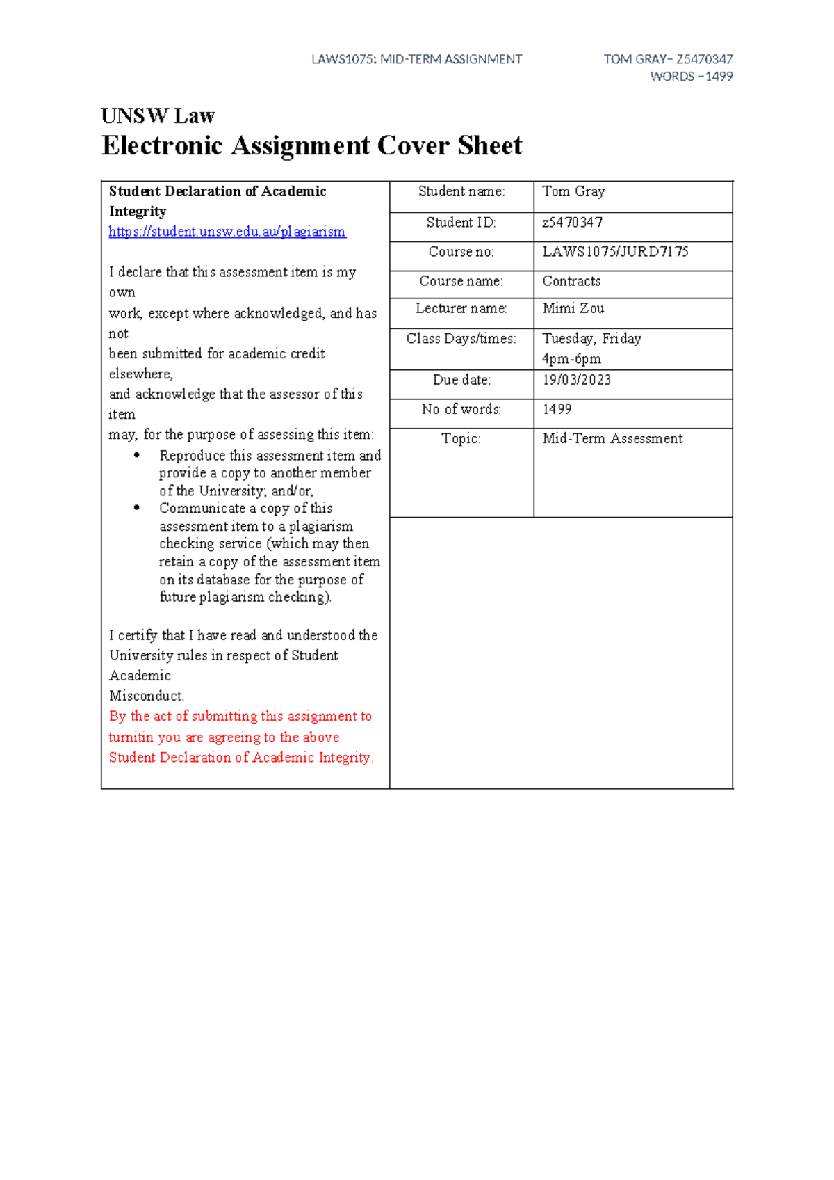 Contracts mid-term draft 2 - WORDS – UNSW Law Electronic Assignment ...