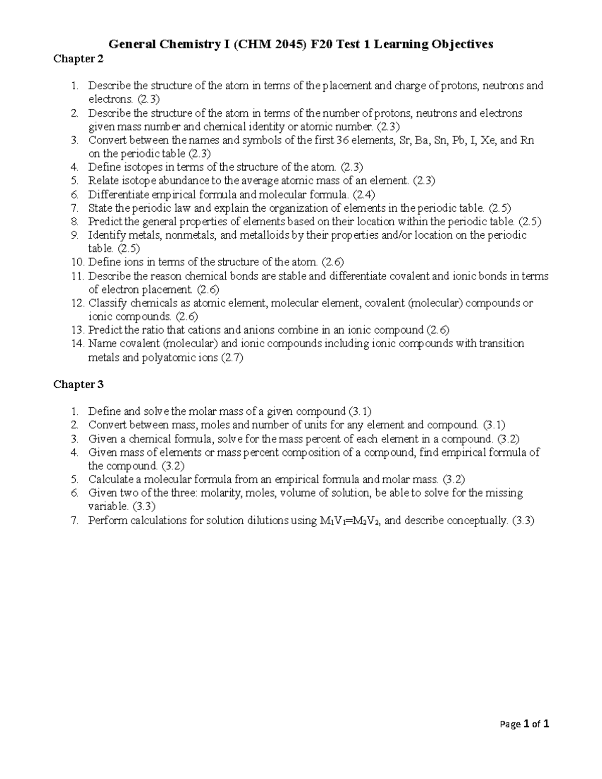 CHM 2045 F20 Learning Objectives Test 1 - General Chemistry I (CHM 2045 ...