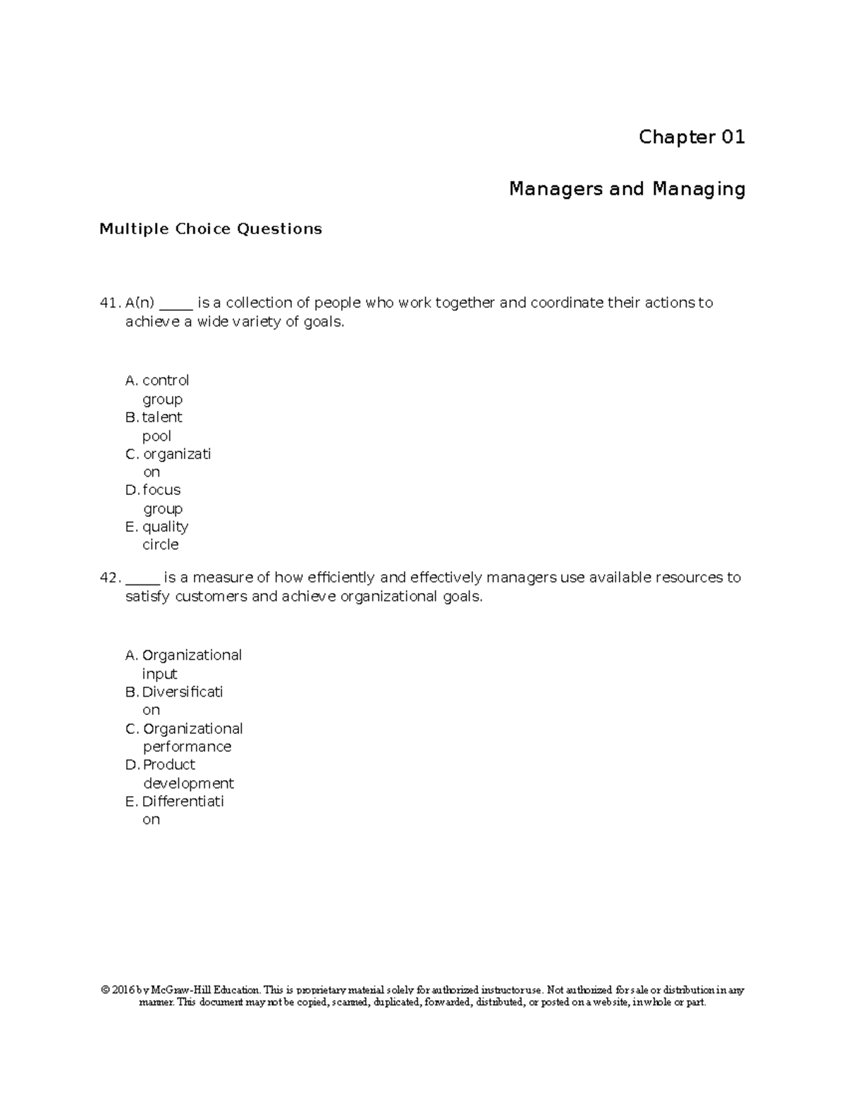 Ch01 - Test bank - Chapter 01 Managers and Managing Multiple Choice ...