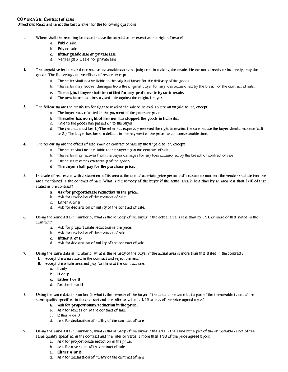 QUIZ # 3 - Sales with Answers - COVERAGE: Contract of sales Direction ...