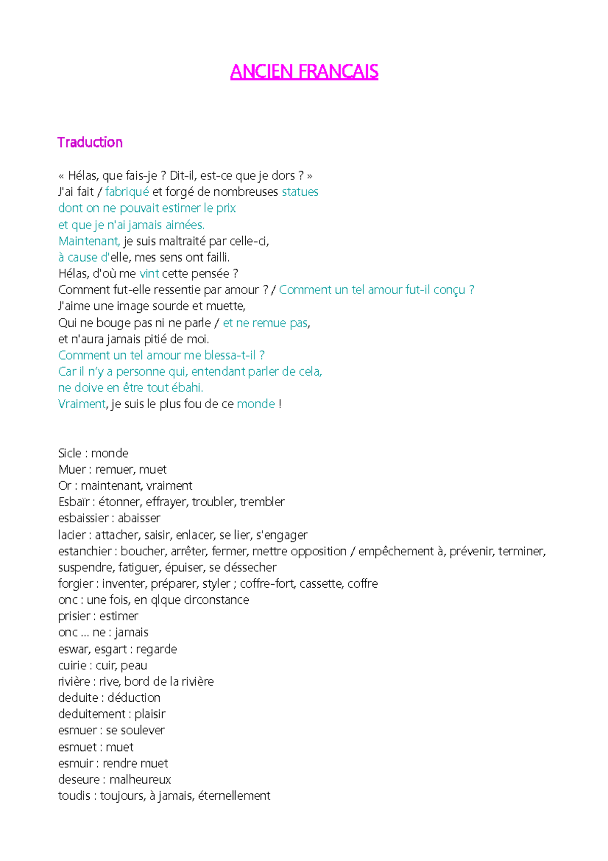 Ancien français ANCIEN FRANCAIS Traduction « Hélas, que faisje? Ditil, estce que je dors