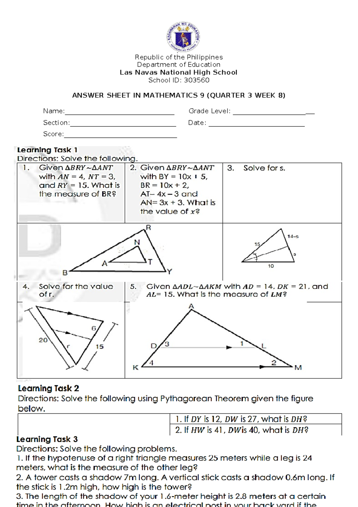 Answer sheet math 9 week 8 - Bachelor in Secondary Education - p ...