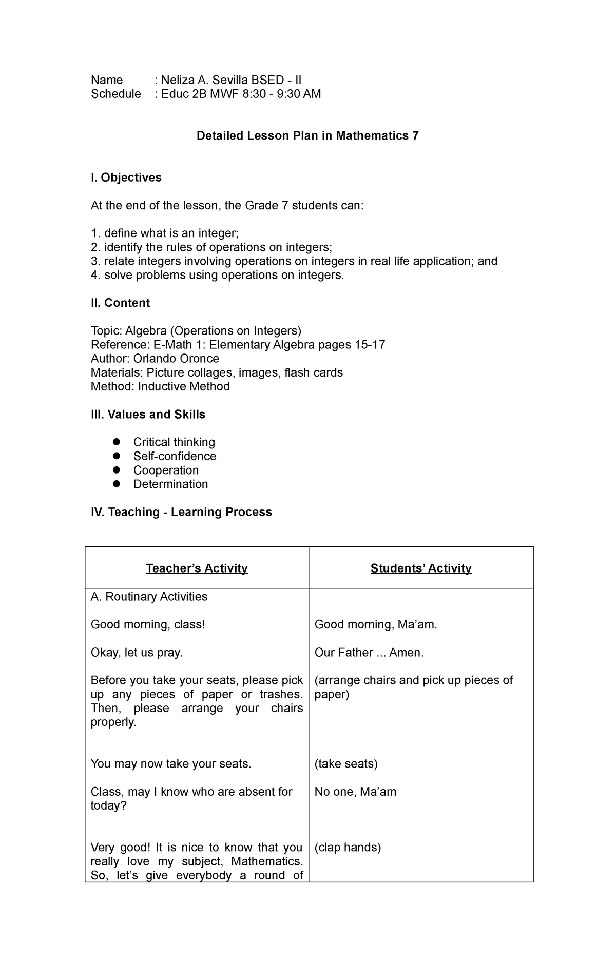 Detailed Lesson Plan In Mathematics 7 In - Name : Neliza A. Sevilla ...