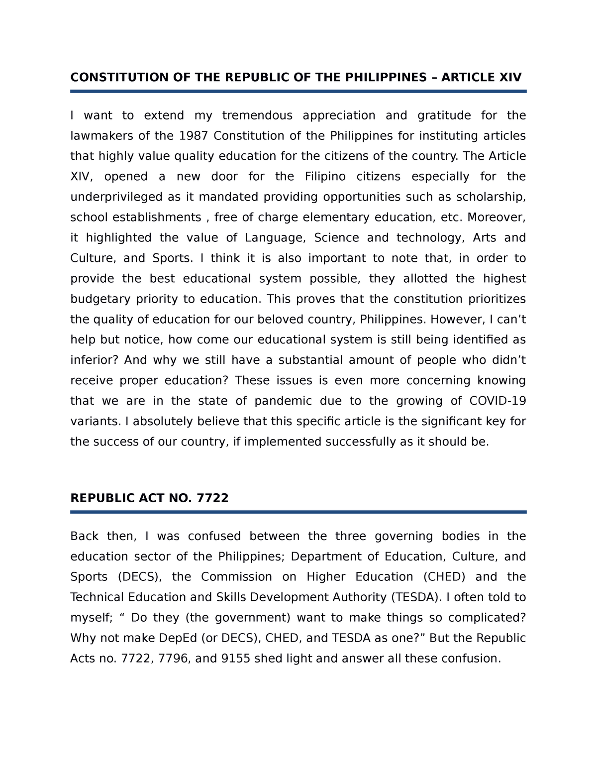 article xiv of the 1987 philippine constitution essay