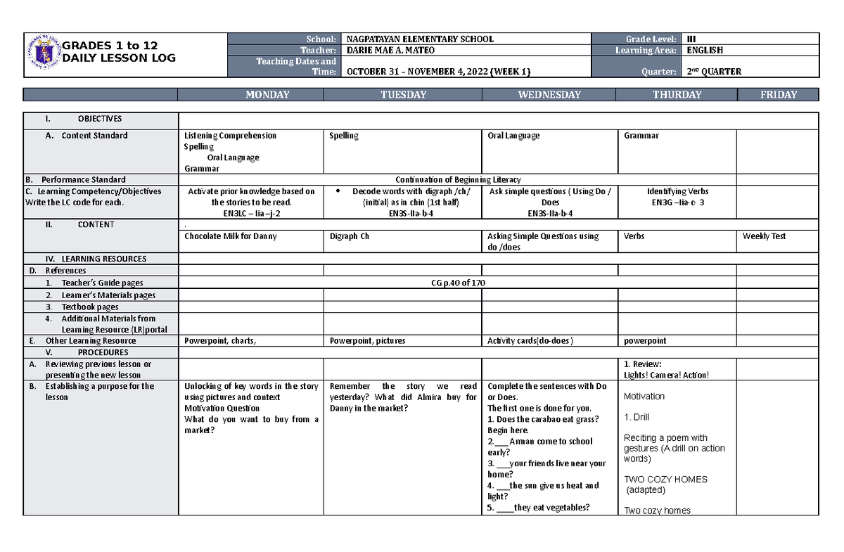 DLL English 3 Q2 W1 - Daily Lesson Log - GRADES 1 to 12 DAILY LESSON ...