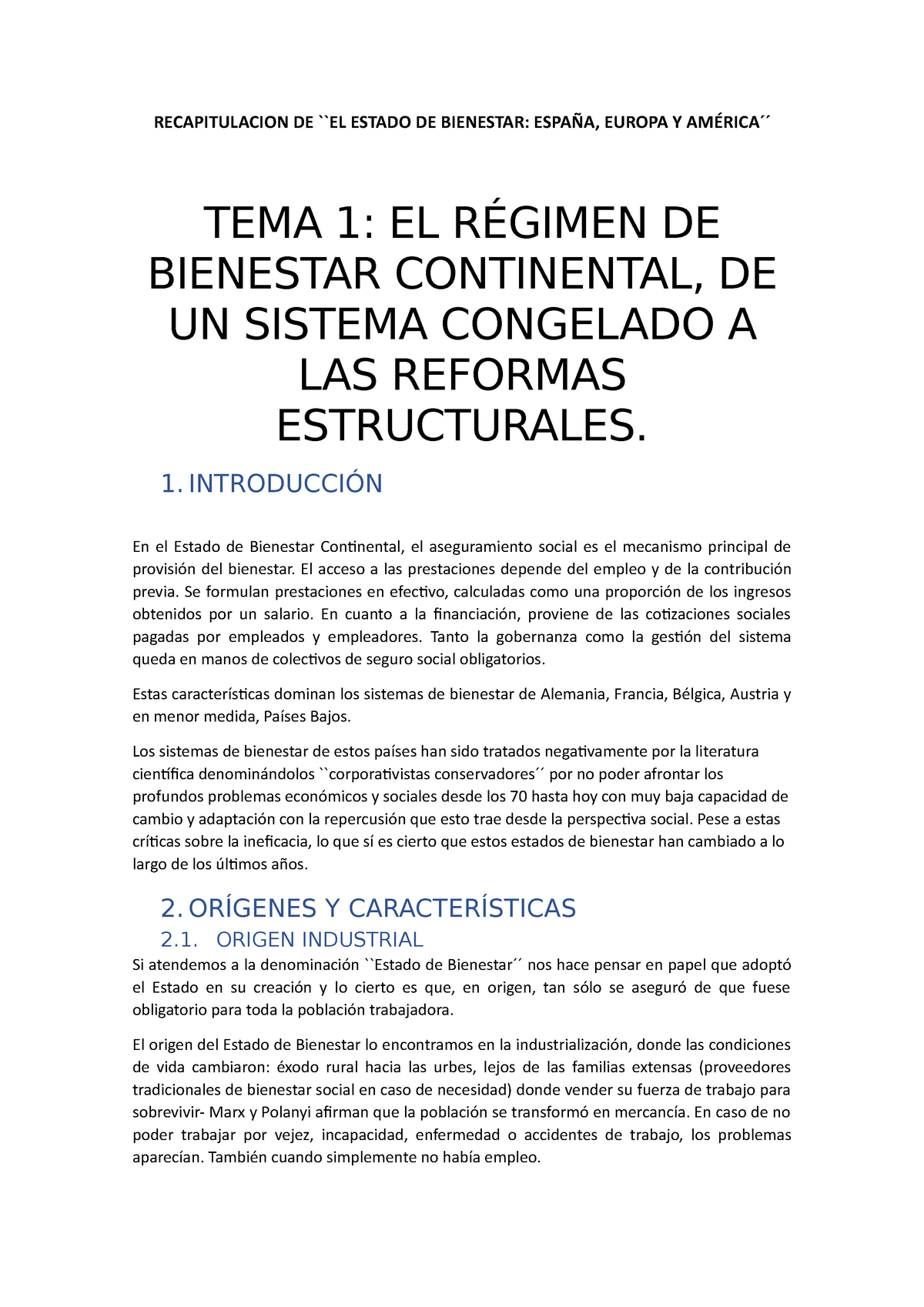 TEMA 1- EL Régimen DE Bienestar Continental. DE UN Sistema Congelado A LAS  Reformas Estructurales - Studocu