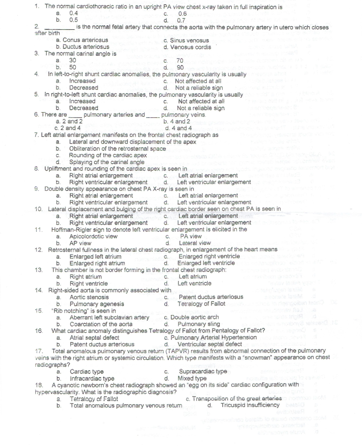 Exam 2017, questions - 1. The normai cardiothoracic ratio in an upright ...