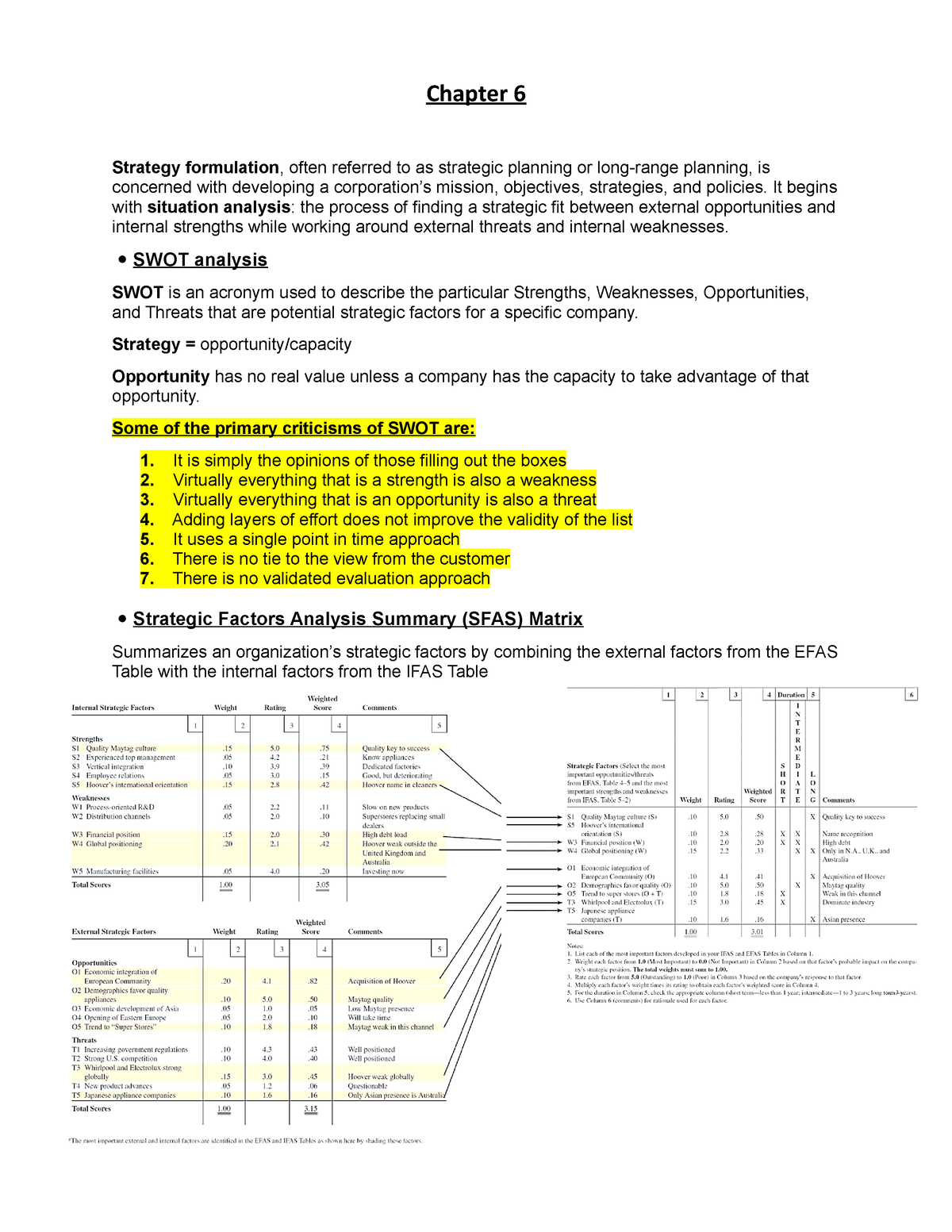 Strategic Chapter 6 Summary - Chapter 6 Strategy Formulation, Often ...