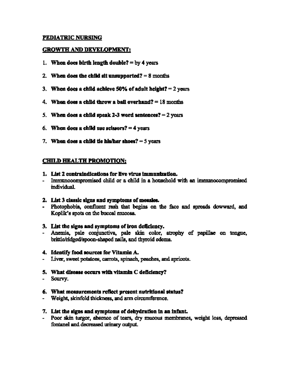 Pediatric Question Study guide - NS1000 - Studocu