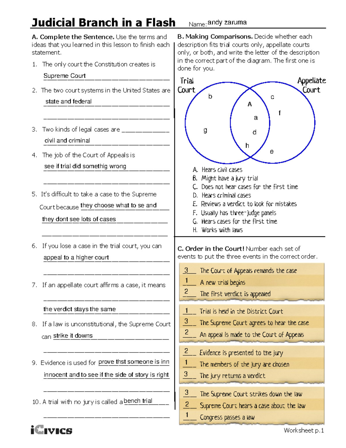 Judicial Branch In A Flash Activities Fillable 1 1 C 955 WGU 