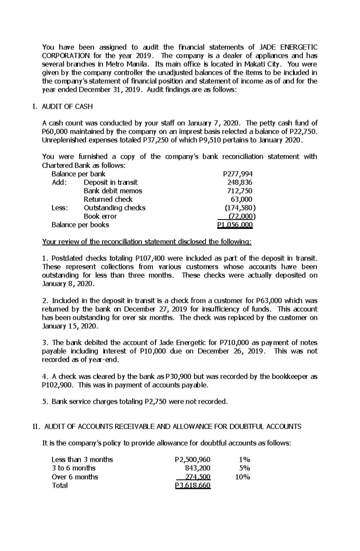 Auditing Practice Problem 4 - You have been assigned to audit the ...