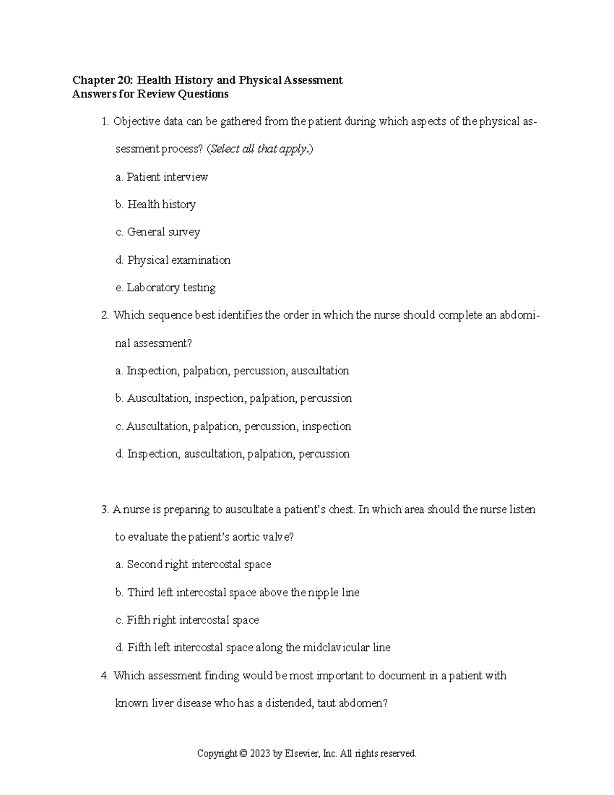 Reviewquestionsfromch 20 Chapter 20 Health History and Physical