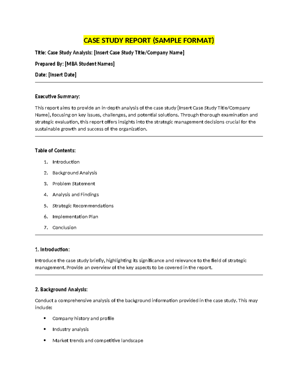 CASE Study Report Format -OSCM - CASE STUDY REPORT (SAMPLE FORMAT ...