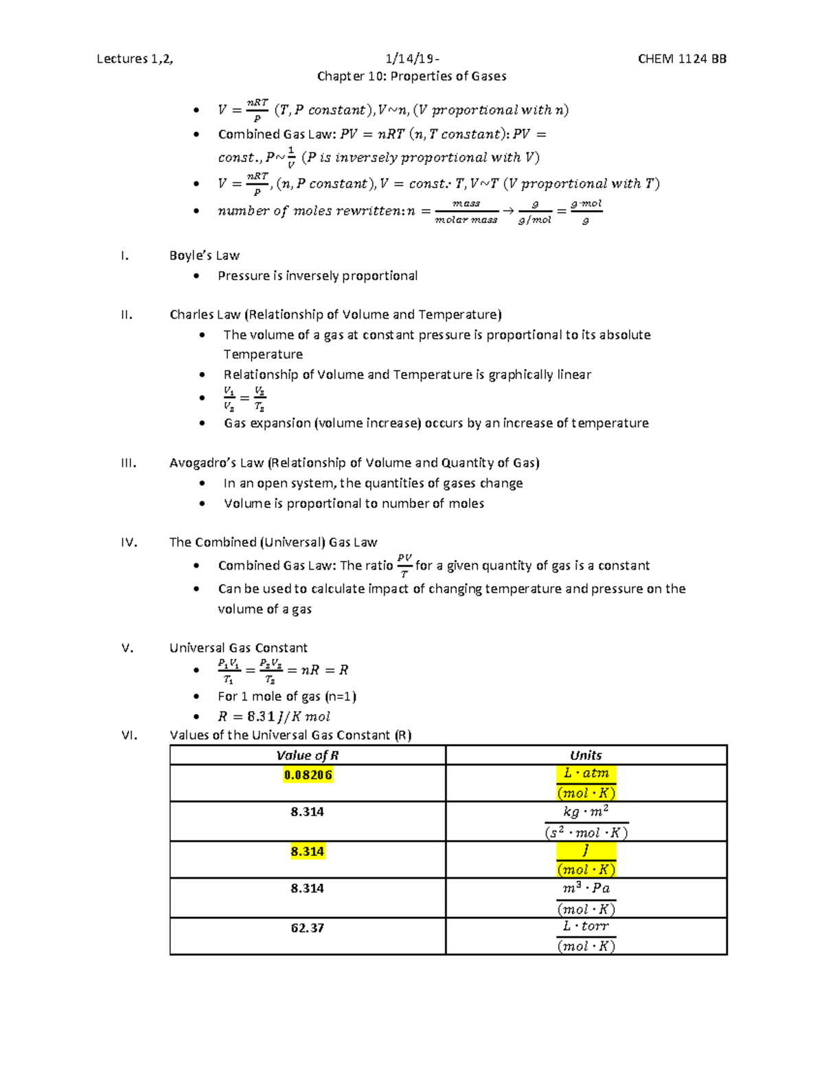 Gen chem chapter 10 Lecture notes (Properties of Gases) - Lectures 1,2 ...