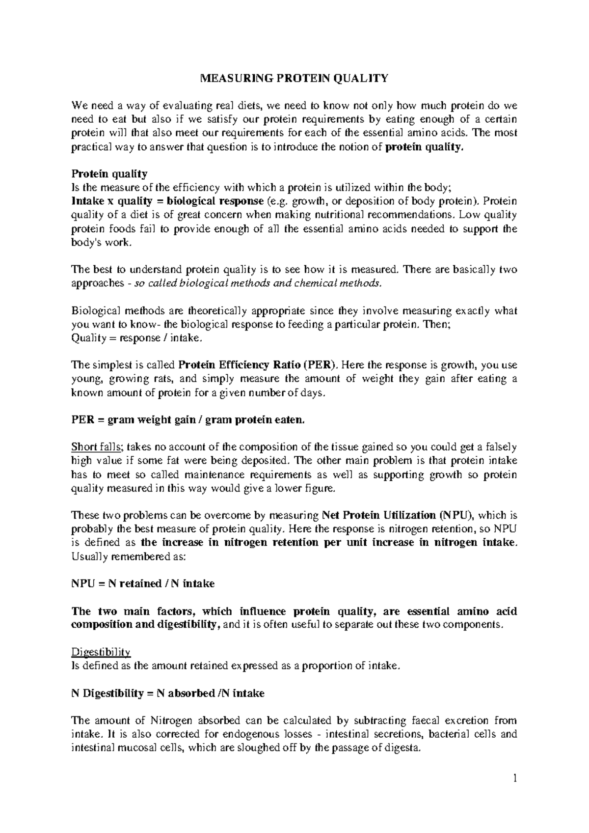 Measuring Protein Quality - 1 MEASURING PROTEIN QUALITY We need a way ...