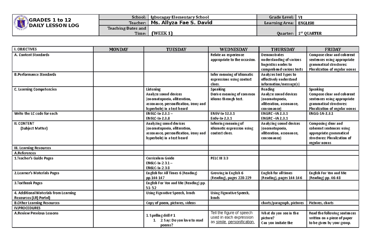 DLL English 6 Q1 W1 - GRADES 1 to 12 DAILY LESSON LOG School: Igbucagay ...