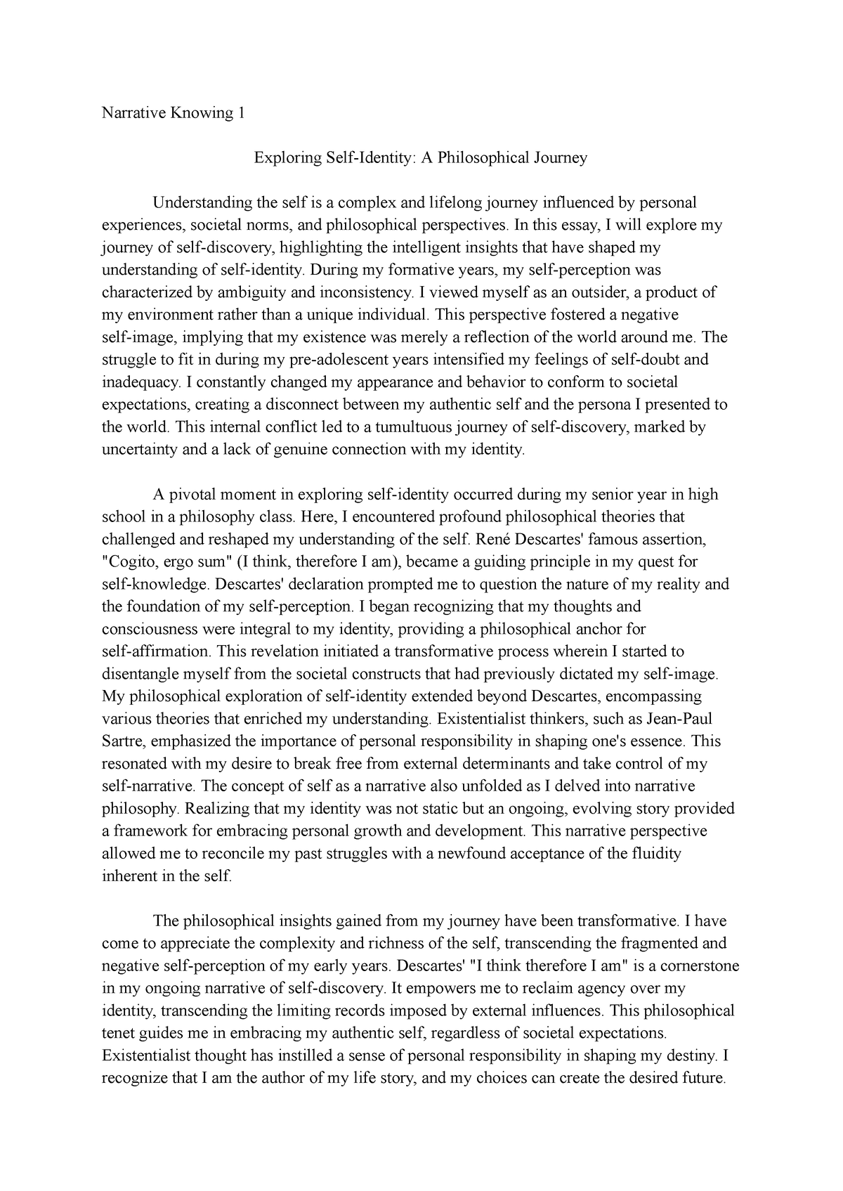 Narrative Knowing 1 - In this essay, I will explore my journey of self ...