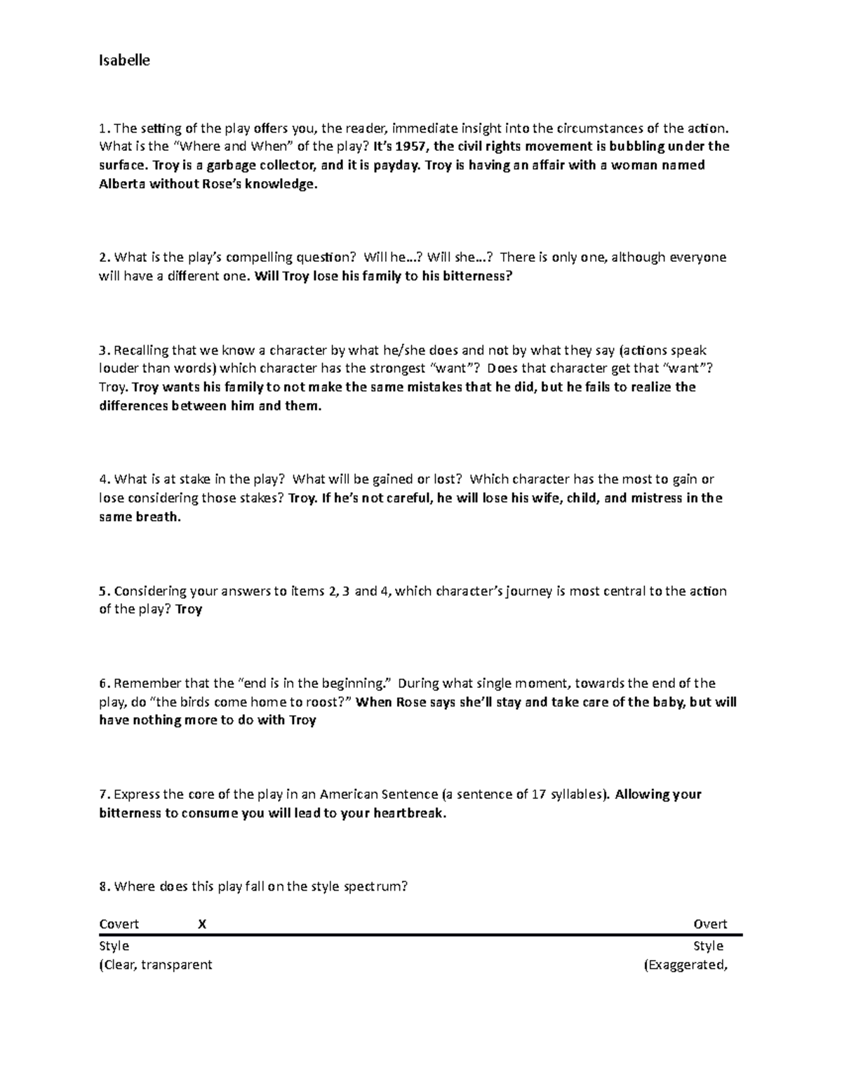 Script Analysis Inventory fences - Isabelle The setting of the play ...