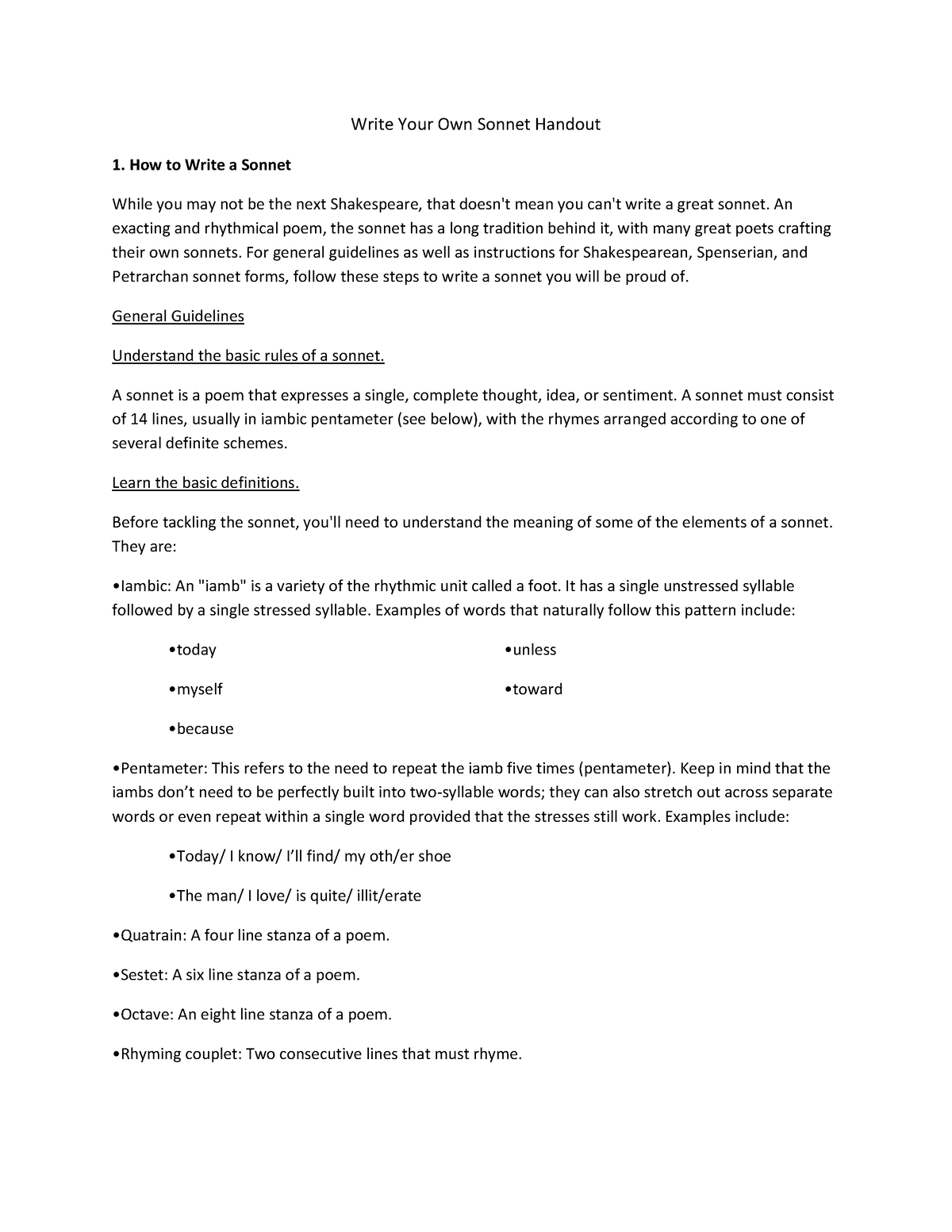 Write Your Own Sonnet - for school - Write Your Own Sonnet Handout How ...