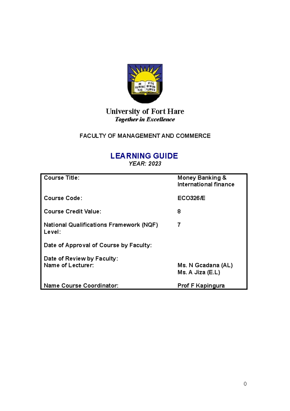 ECO326 Learner guide 2023 University of Fort Hare Together in