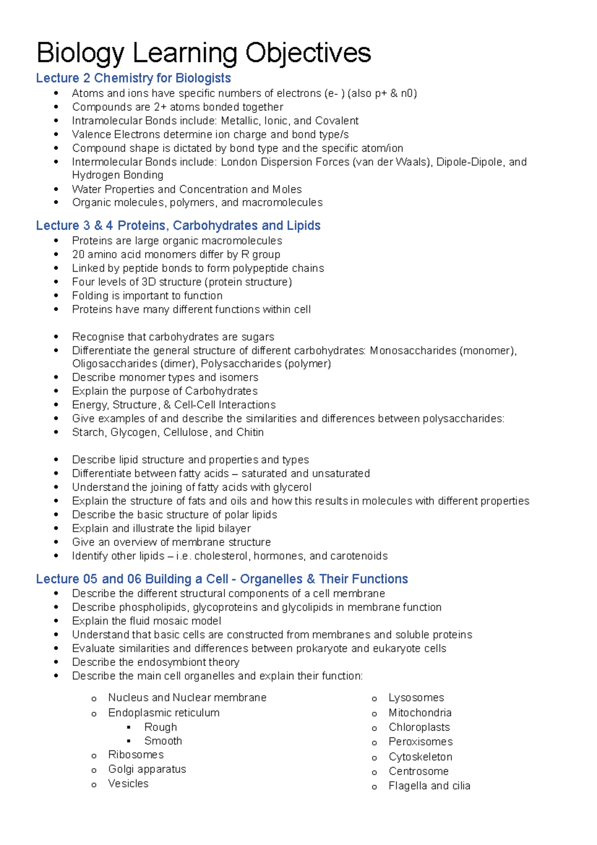 Learning Objectives Week 1 week 11 from lecture slides Biology