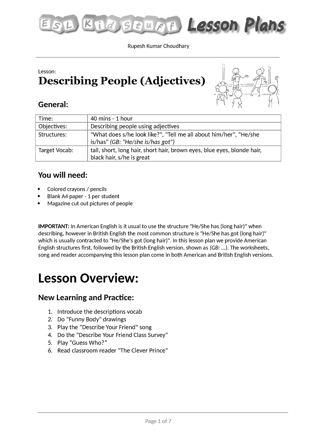 Lesson Plan - Describing People - Lesson: Describing People (Adjectives ...