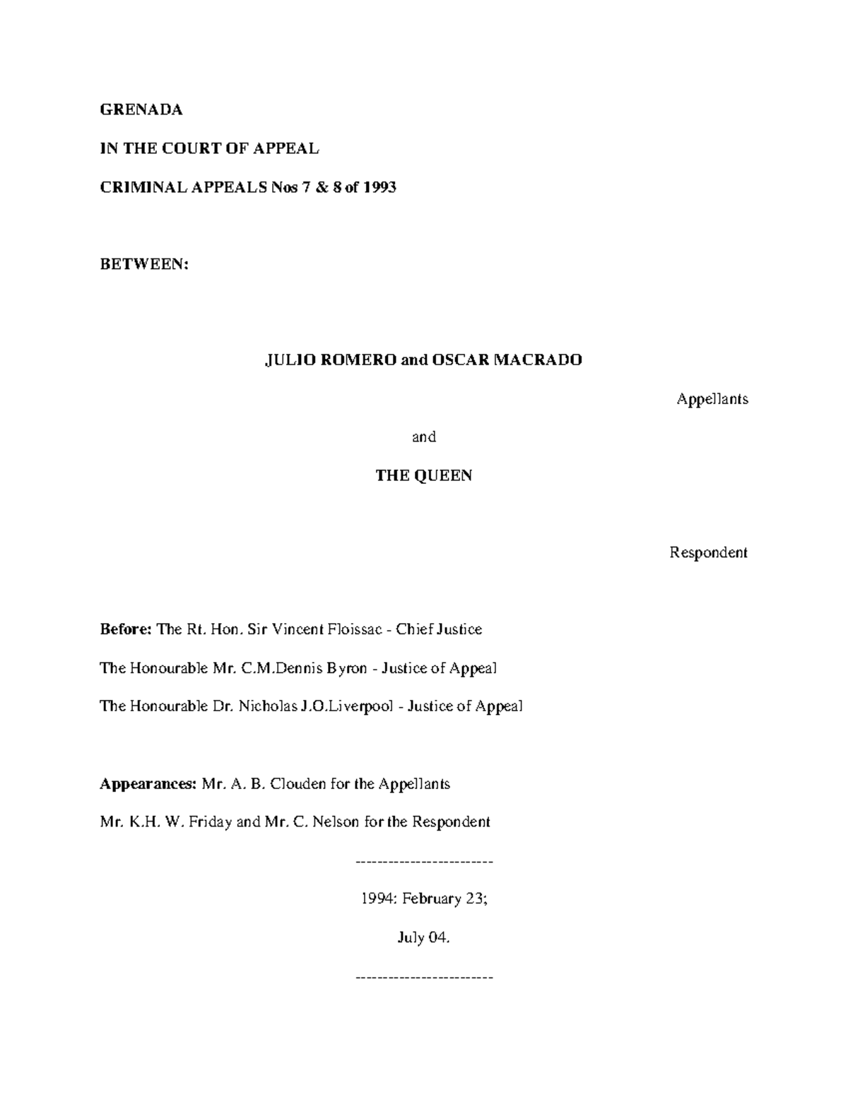 Julio Romero And Oscar Macrado v The Queen GRENADA IN THE COURT OF