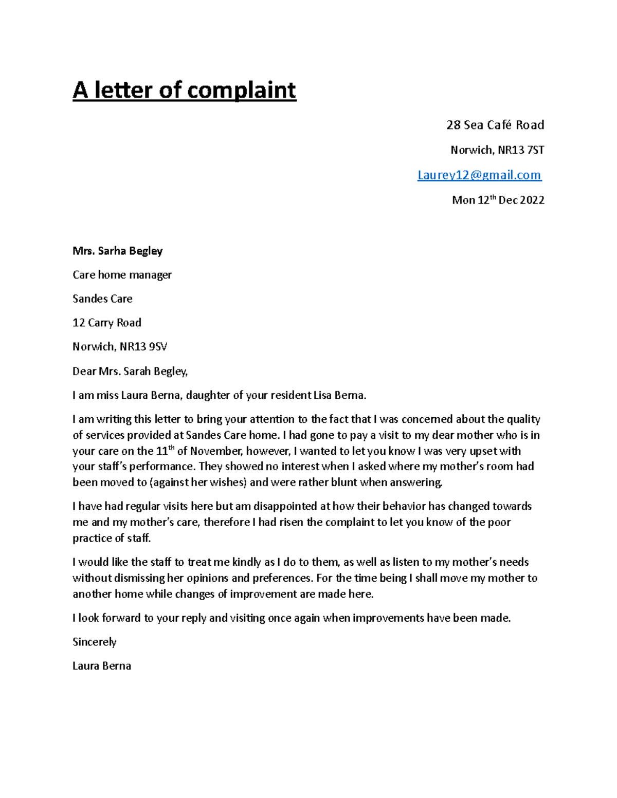 Complaint - A letter of complaint 28 Sea Café Road Norwich, NR13 7ST ...