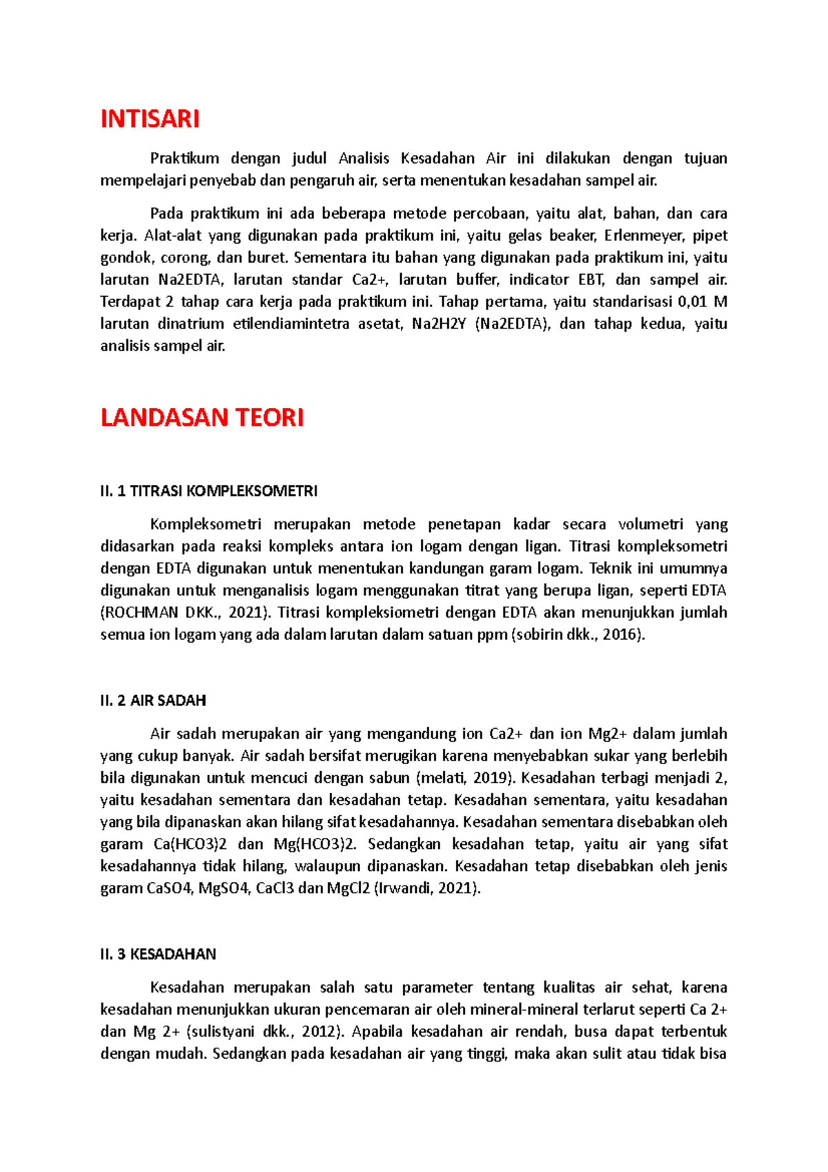 LAPORAN PRAKTIKUM ANALISIS KESADAHAN AIR - INTISARI Praktikum Dengan ...