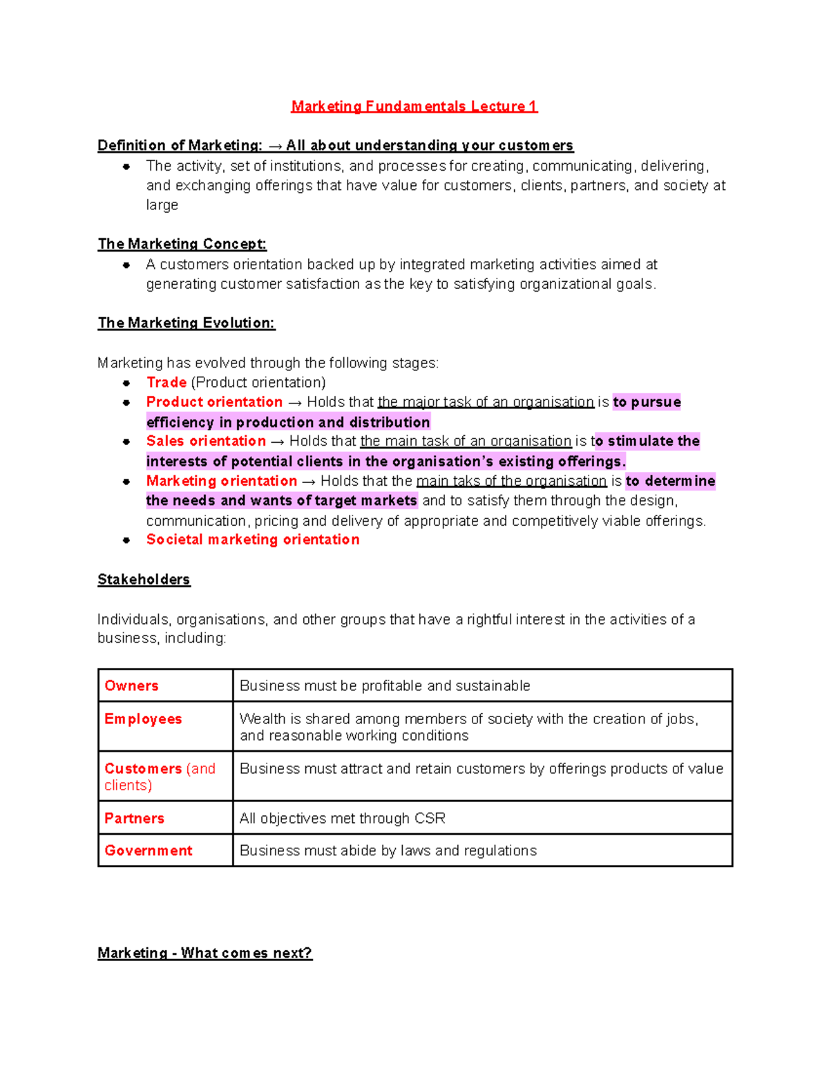 Marketing Fundamentals Lecture 1 - The Marketing Evolution: Marketing ...