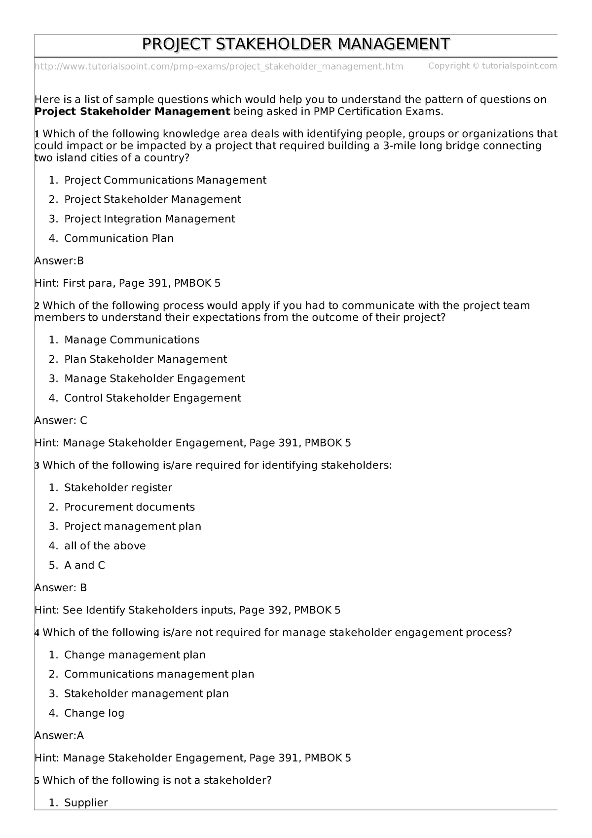 Project Stakeholder Management - Tutorialspoint/pmp-exams/project ...