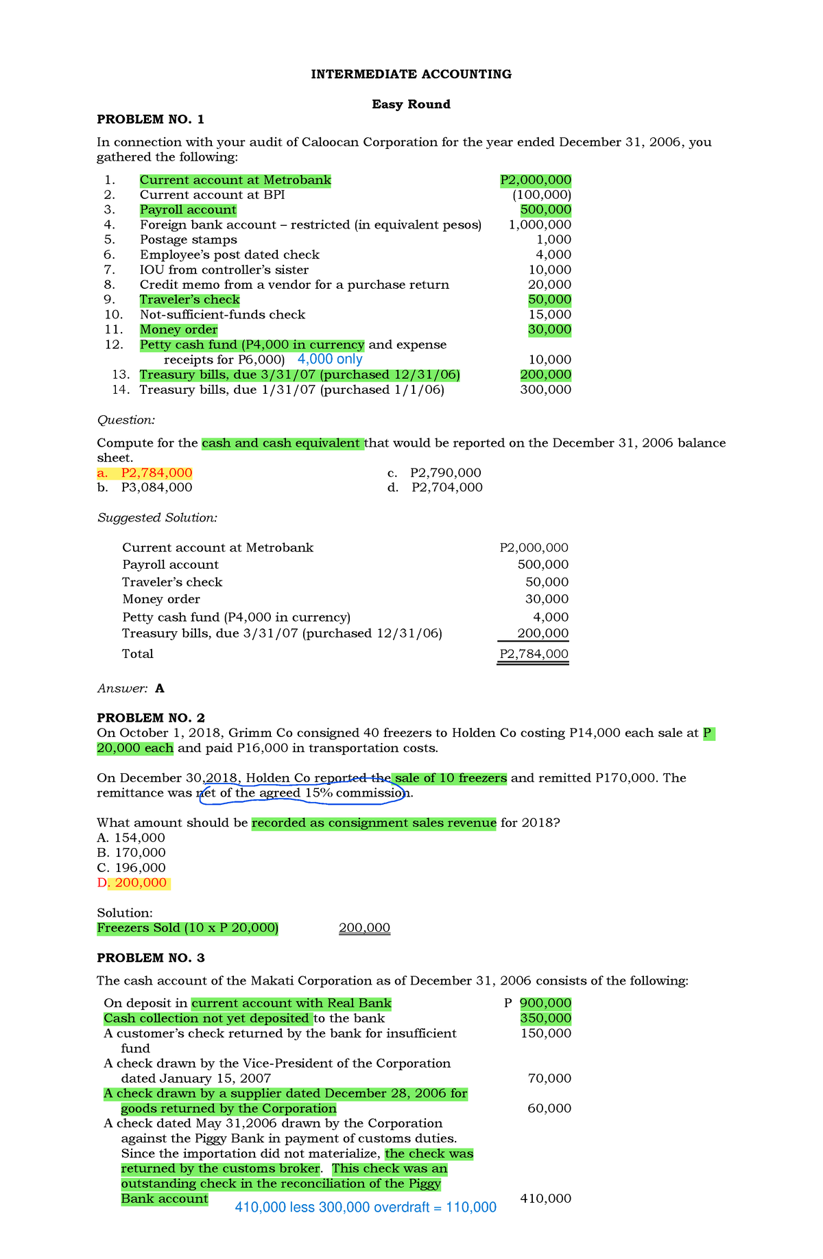 INTACC 1 PRACTE PROBLEMS - INTERMEDIATE ACCOUNTING Easy Round PROBLEM NO. 1 In Connection With ...