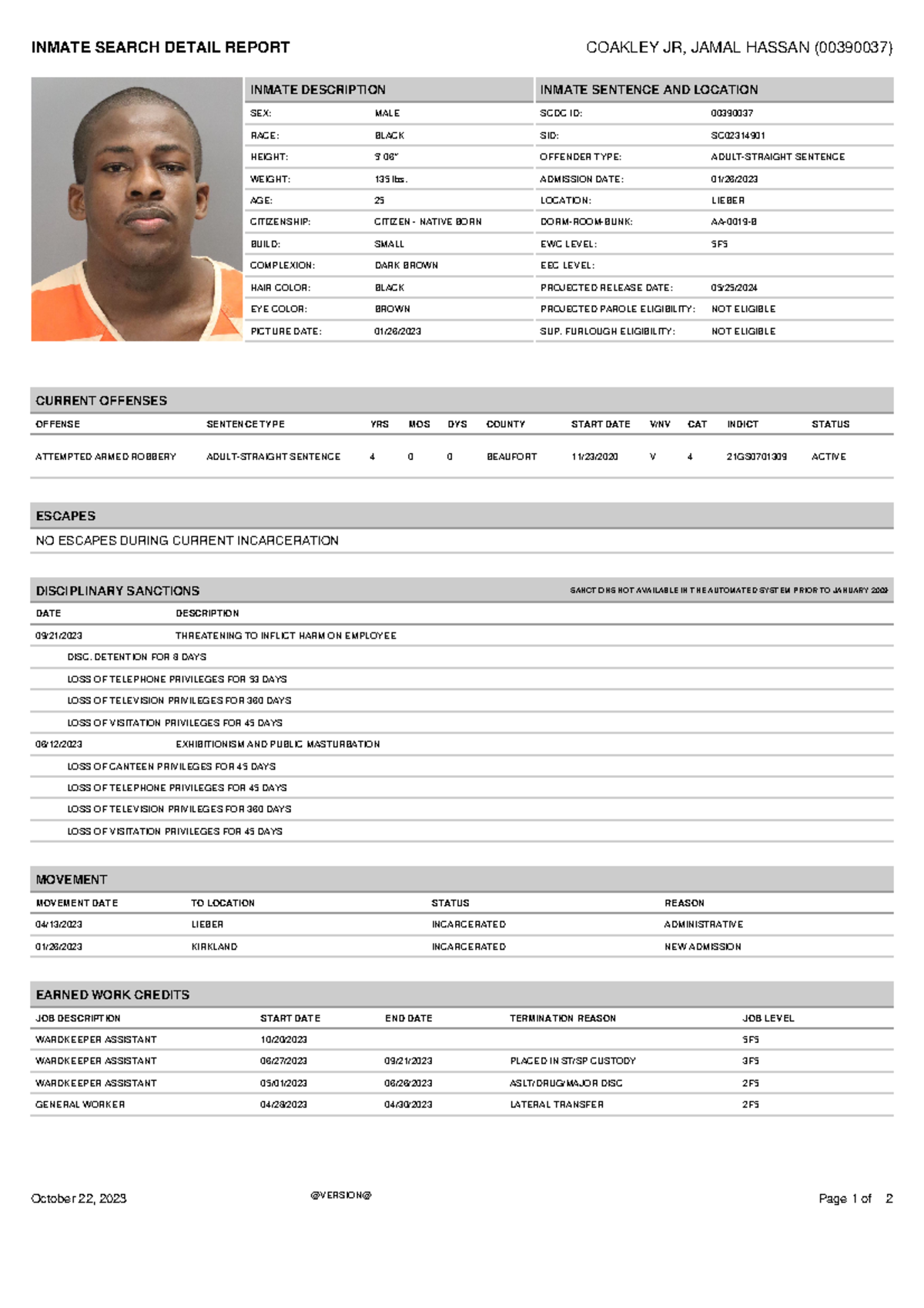 00390037 - Font - INMATE SEARCH DETAIL REPORT COAKLEY JR, JAMAL HASSAN ...