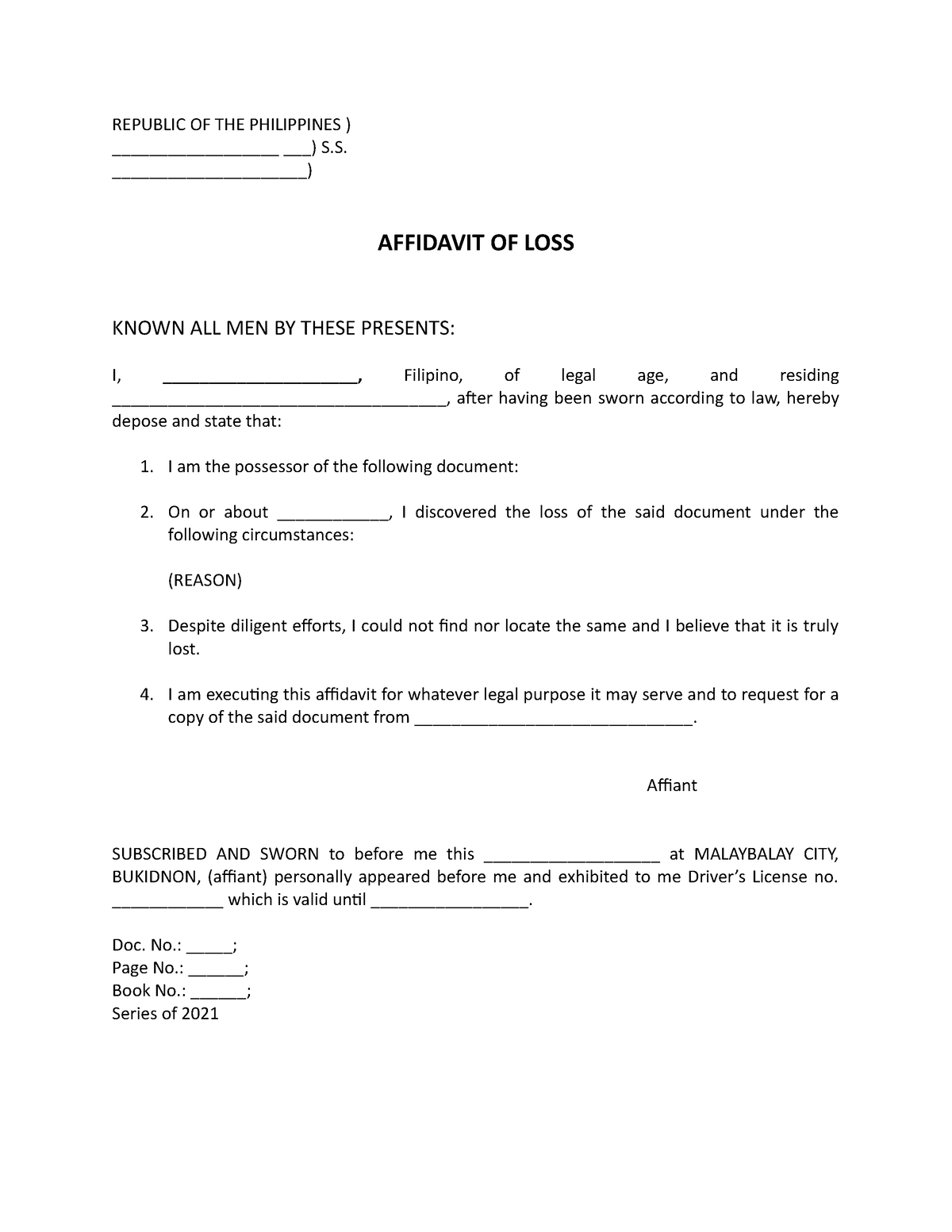 Affidavit of Loss - REPUBLIC OF THE PHILIPPINES ...