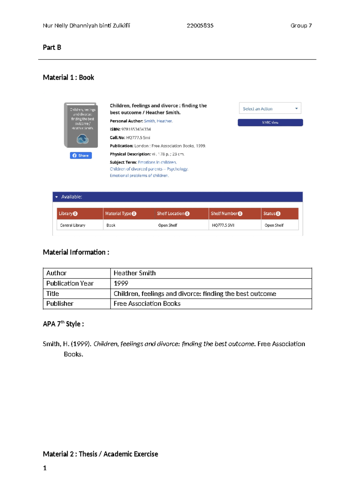 Coursework Part B - Part B Material 1 : Book Material Information ...