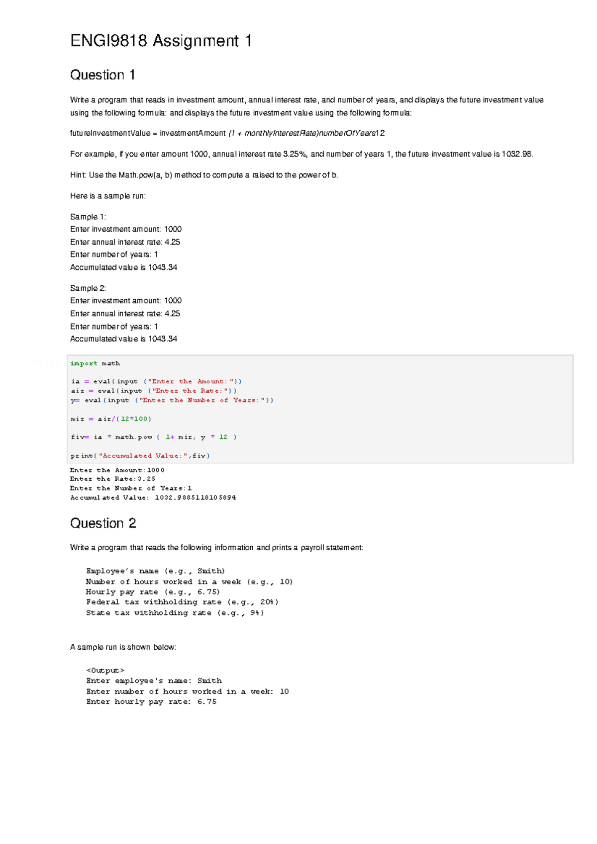 Assignment 1 - Hint: Use The Math(a, B) Method To Compute A Raised To ...