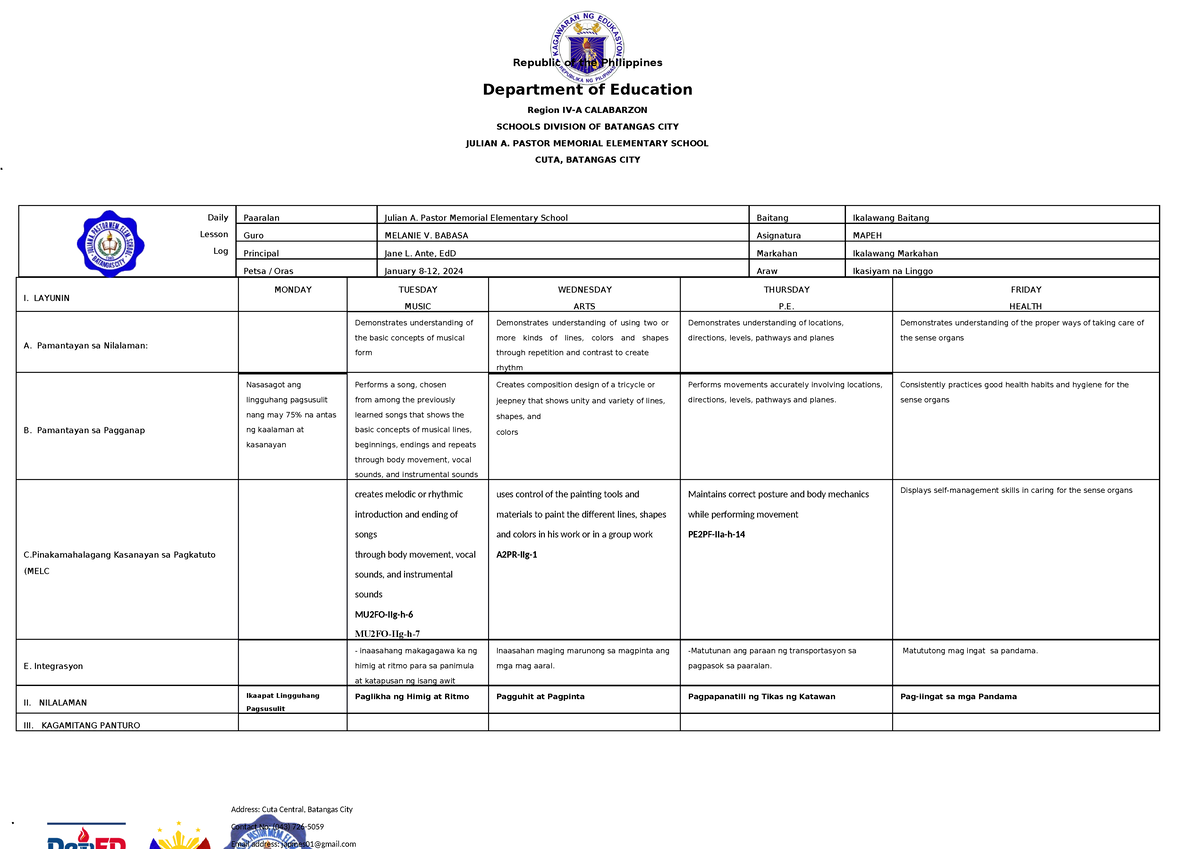 Q2-dll- Mapeh Week 9 2024 - Department Of Education Region Iv-a 