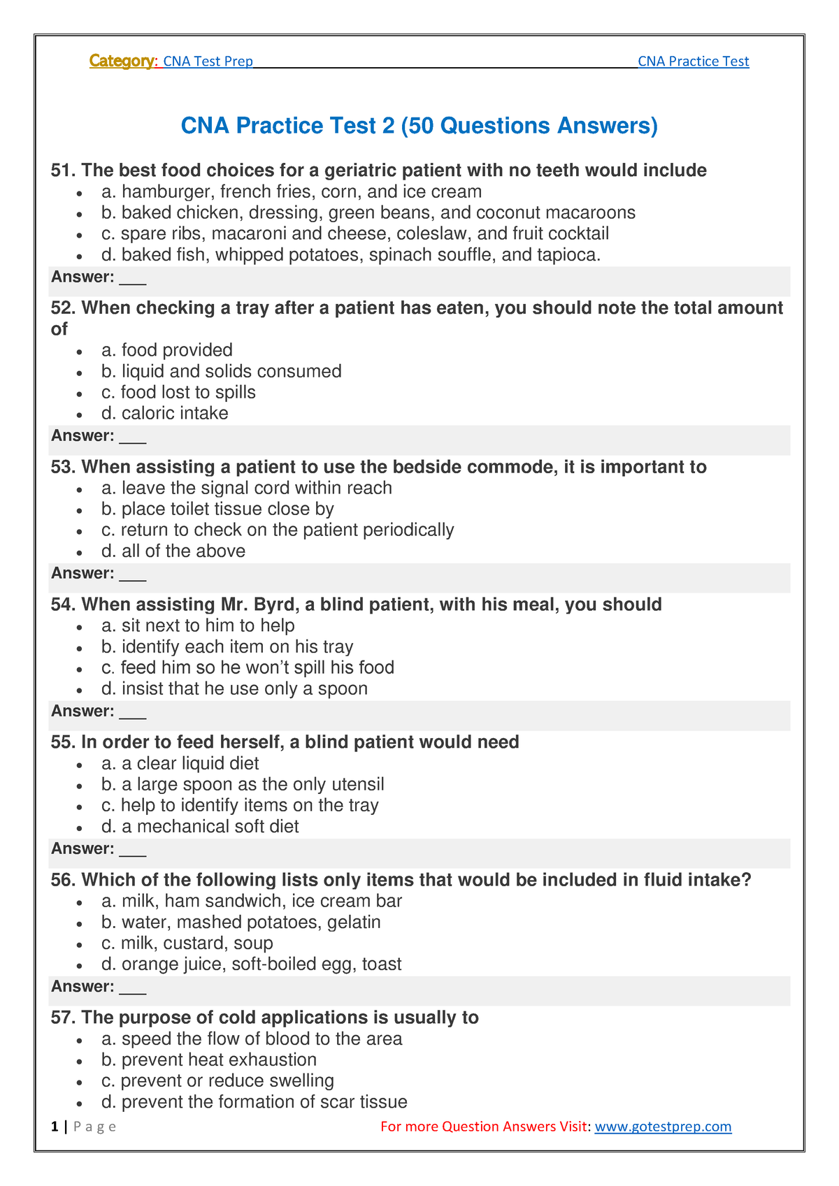 CNATest2 CNA Practice Test 2 (50 Questions Answers) 51. The best