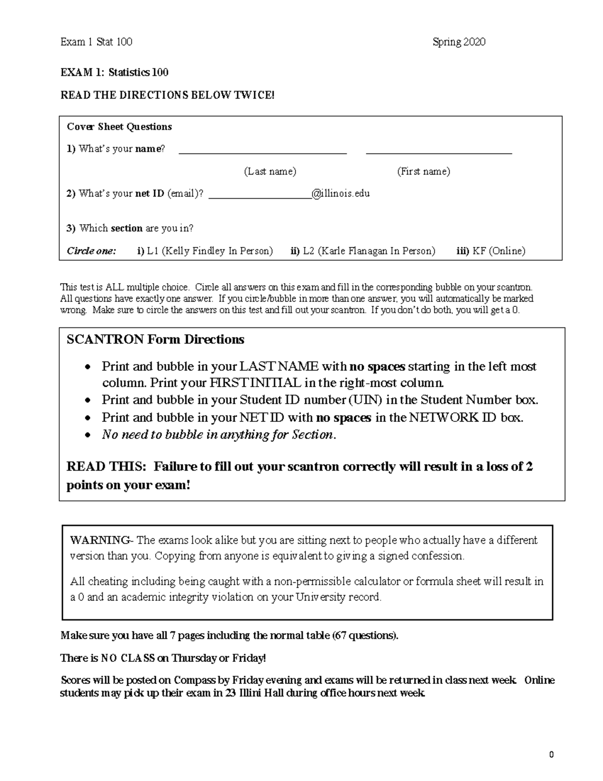 S20Exam1 - spring 202 practice exam - EXAM 1: Statistics 100 READ THE ...