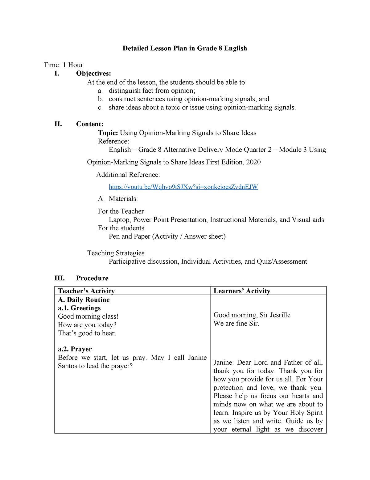 Detailed Lesson Plan in Grade 8 Module 3 - Q2 - Detailed Lesson Plan in ...