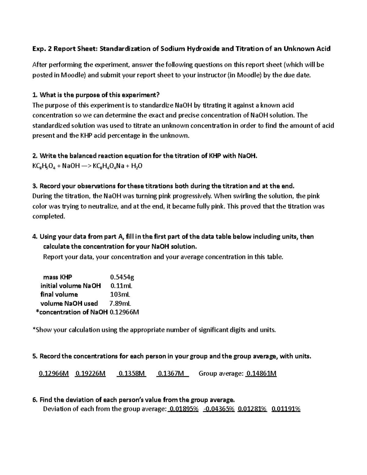 Exp. 2 Report Sheet Standardization of Sodium Hydroxide and Titration ...