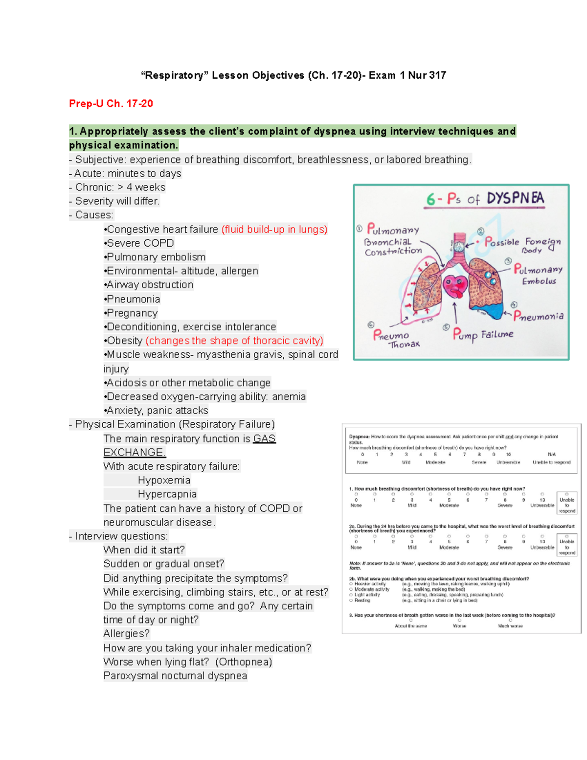 Respiratory Lesson Objectives (Adult Health Exam 1)